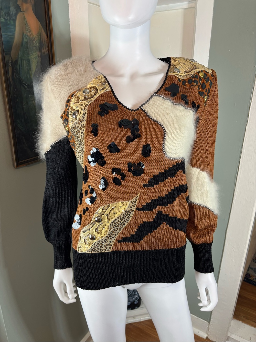 Vintage 80s Elizabeth Mixed Media Animal-Print Sweater Medium M Leopard Mob Wife